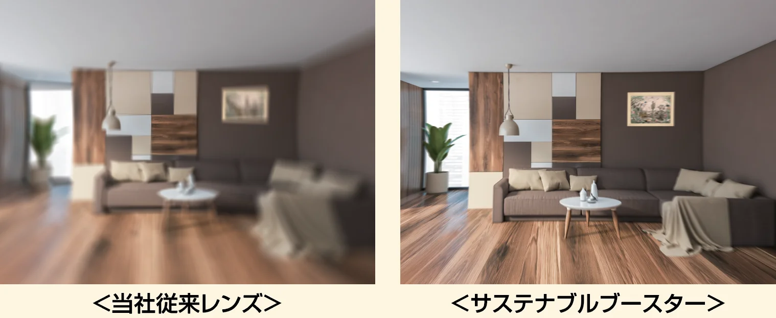 当社従来レンズとサステナブルブースターの比較。部屋を見たときのゆがみの違い