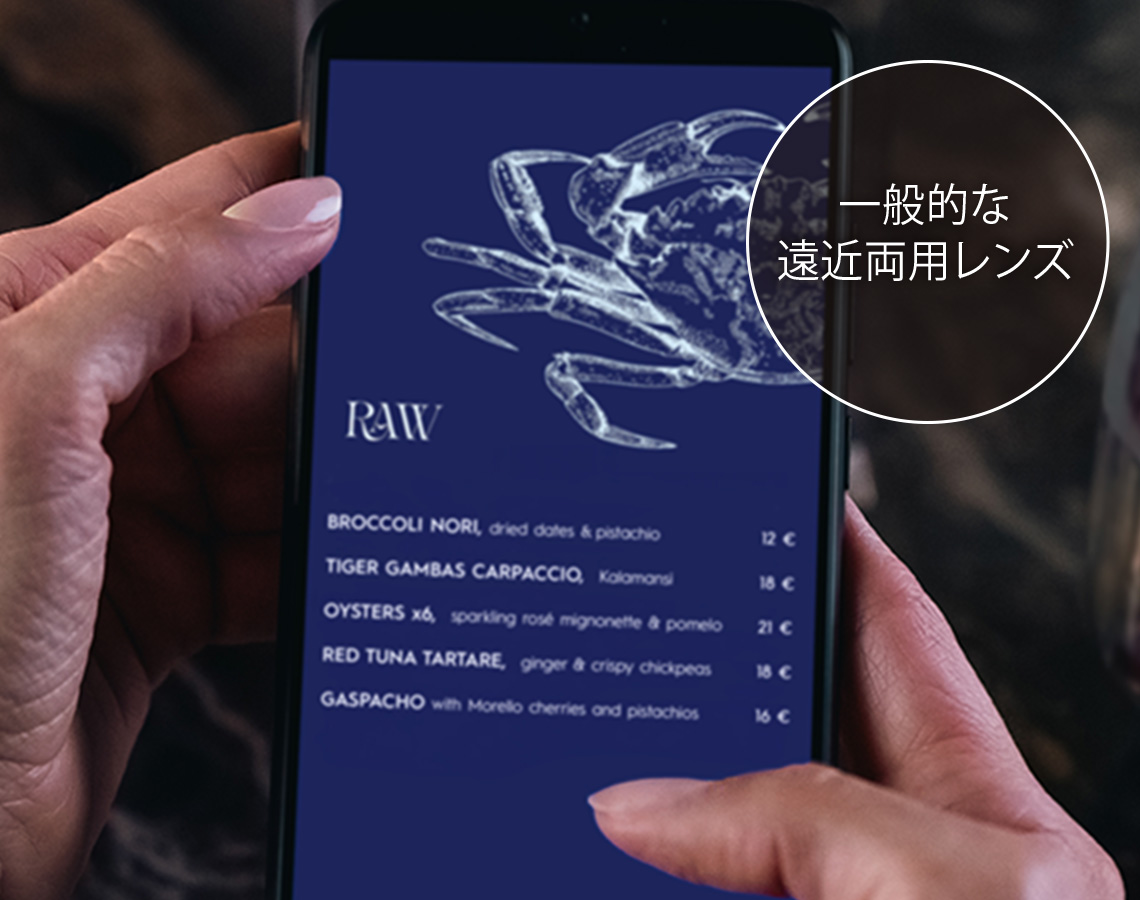 一般的な遠近両用レンズでスマートフォンのメニューを見たときの見え方