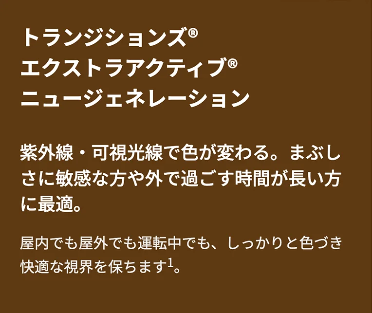 トランジションズ エクストラアクティブ ニュージェネレーション 紫外線・可視光線で色が変わる。運転中もしっかり色づく