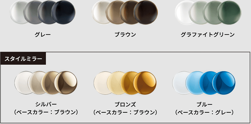 ニュージェネレーションのカラー:グレー、ブラウン、グラファイトグリーン。スタイルミラー:シルバー、ブロンズ、ブルー