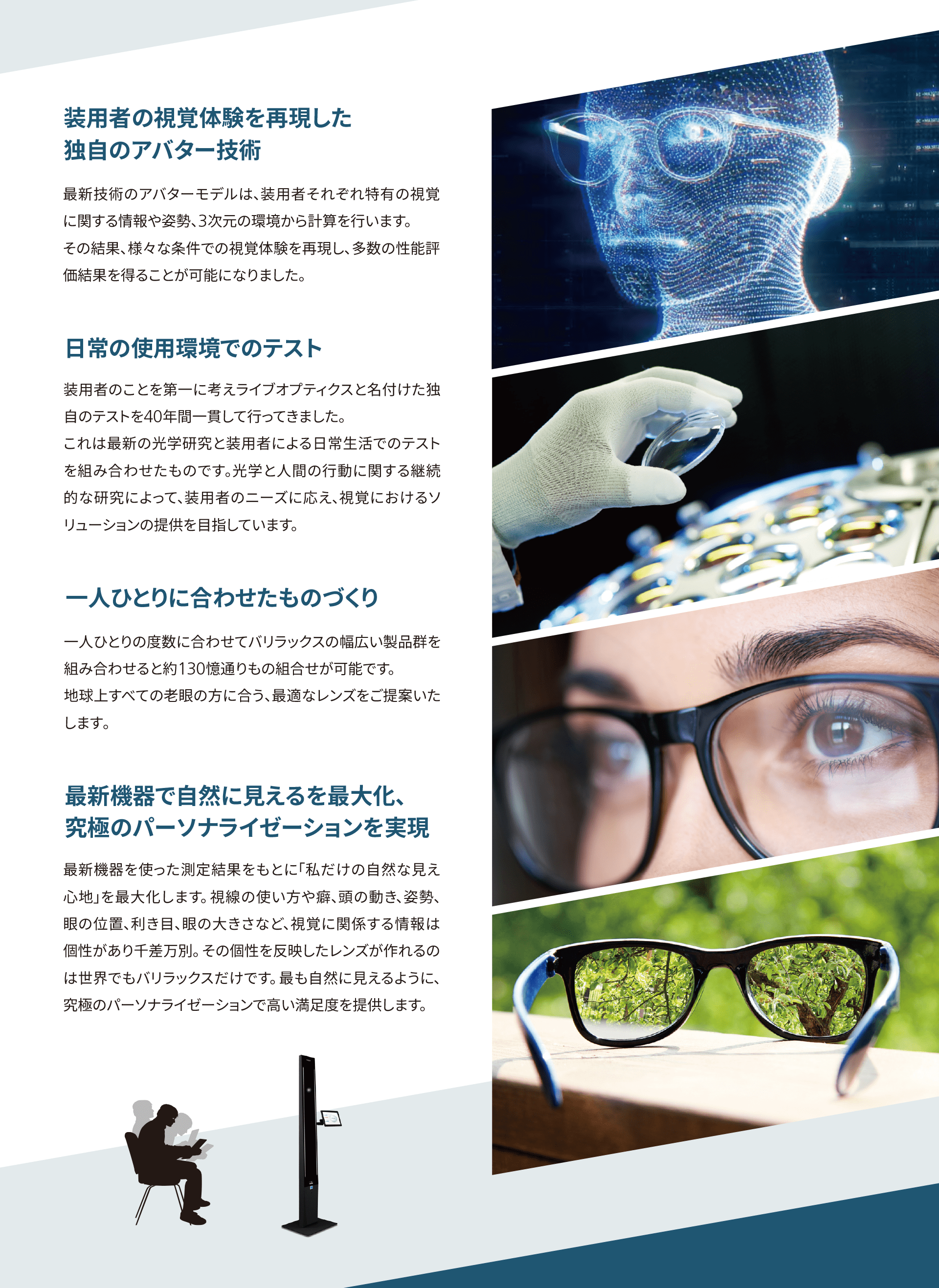 装用者の視覚体験を再現した独自のアバター技術、日常の使用環境でのテスト、一人ひとりに合わせたものづくり、究極のパーソナライゼーション