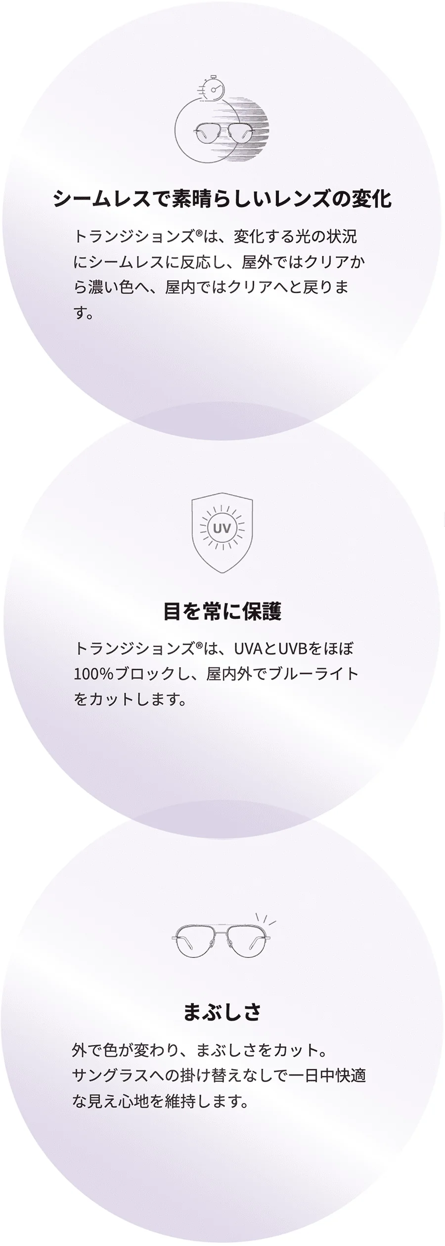 トランジションズの特徴：シームレスで素晴らしいレンズの変化、目を常に保護、まぶしさ