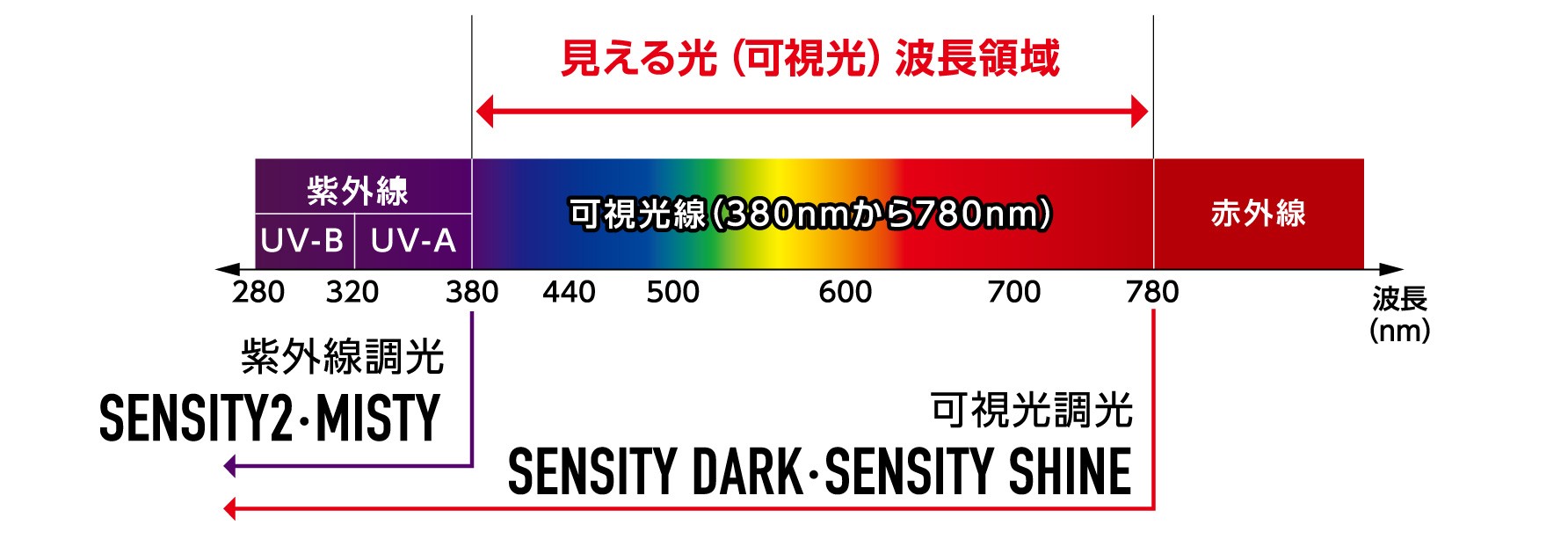光の波長と調光の反応域。SENSITY 2・MISTYは紫外線調光、SENSITY DARK・SENSITY SHINEは可視光調光