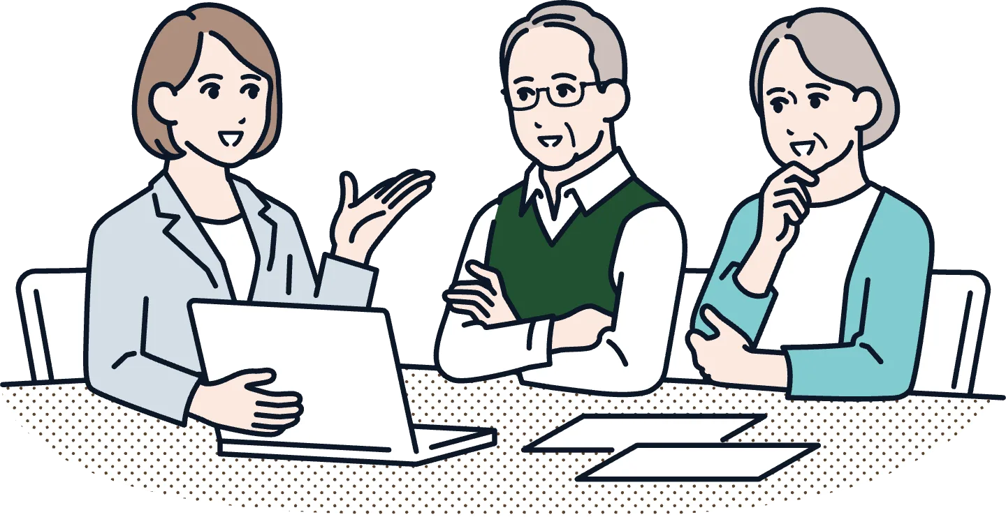 スタッフから補聴器レンタルの説明を受ける高齢の夫婦のイラスト