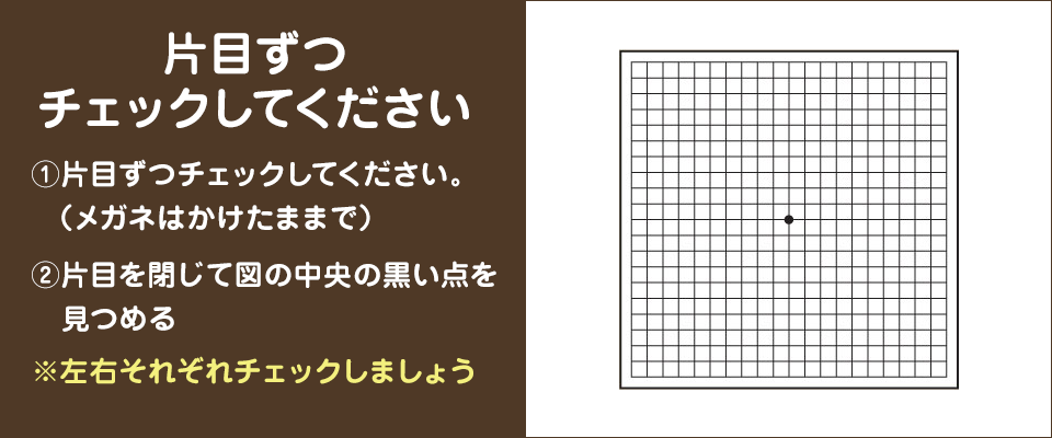 片目ずつチェックしてください。①（メガネはかけたままで）約30㎝離れる。②片目を閉じて図の中央の黒い点を見つめる。