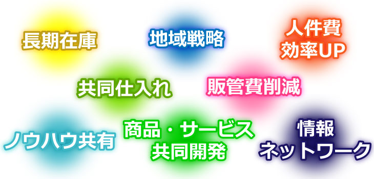 長期在庫・地域戦略・人件費効率UP・共同仕入れ・販売管理費削減・ノウハウ共有・商品サービス共同開発・情報ネットワーク