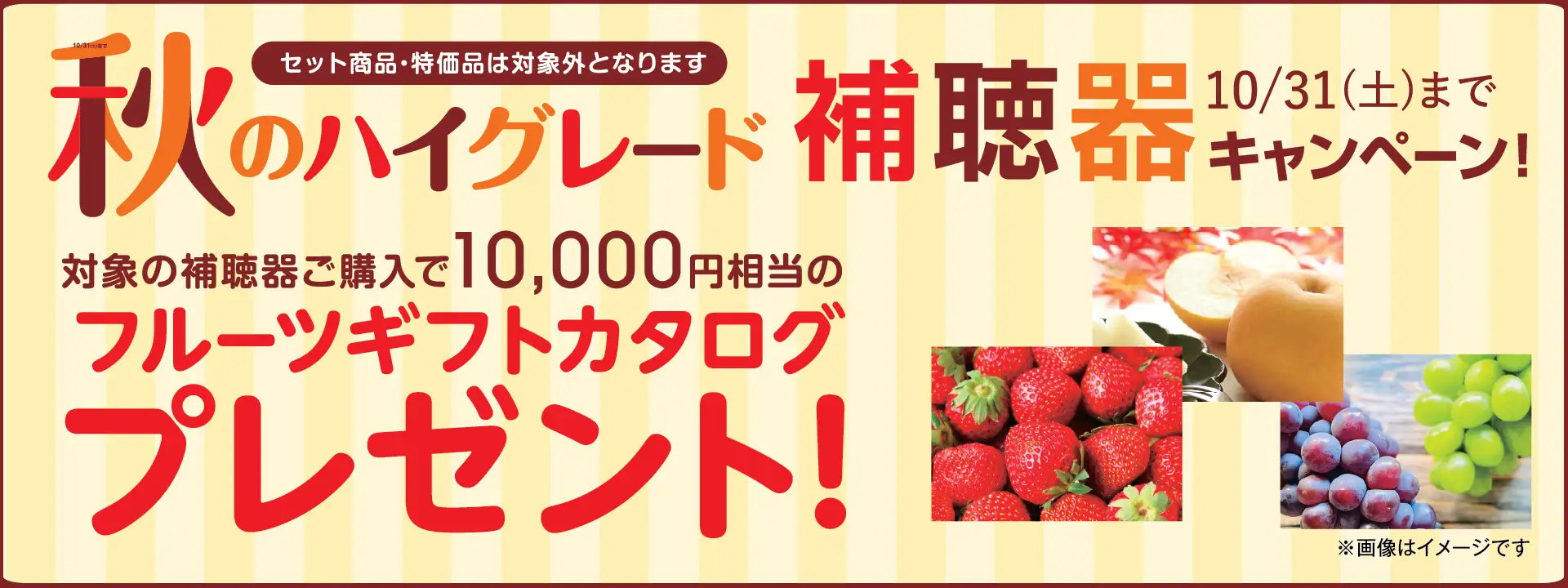 秋のハイグレード補聴器キャンペーン 10/31（土）まで 対象の補聴器ご購入で10,000円相当のフルーツギフトカタログプレゼント